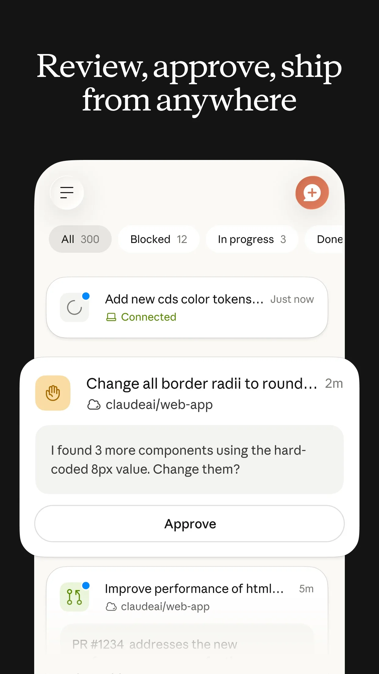 Claude app on a phone showing a list of Claude Code tasks to review and approve
