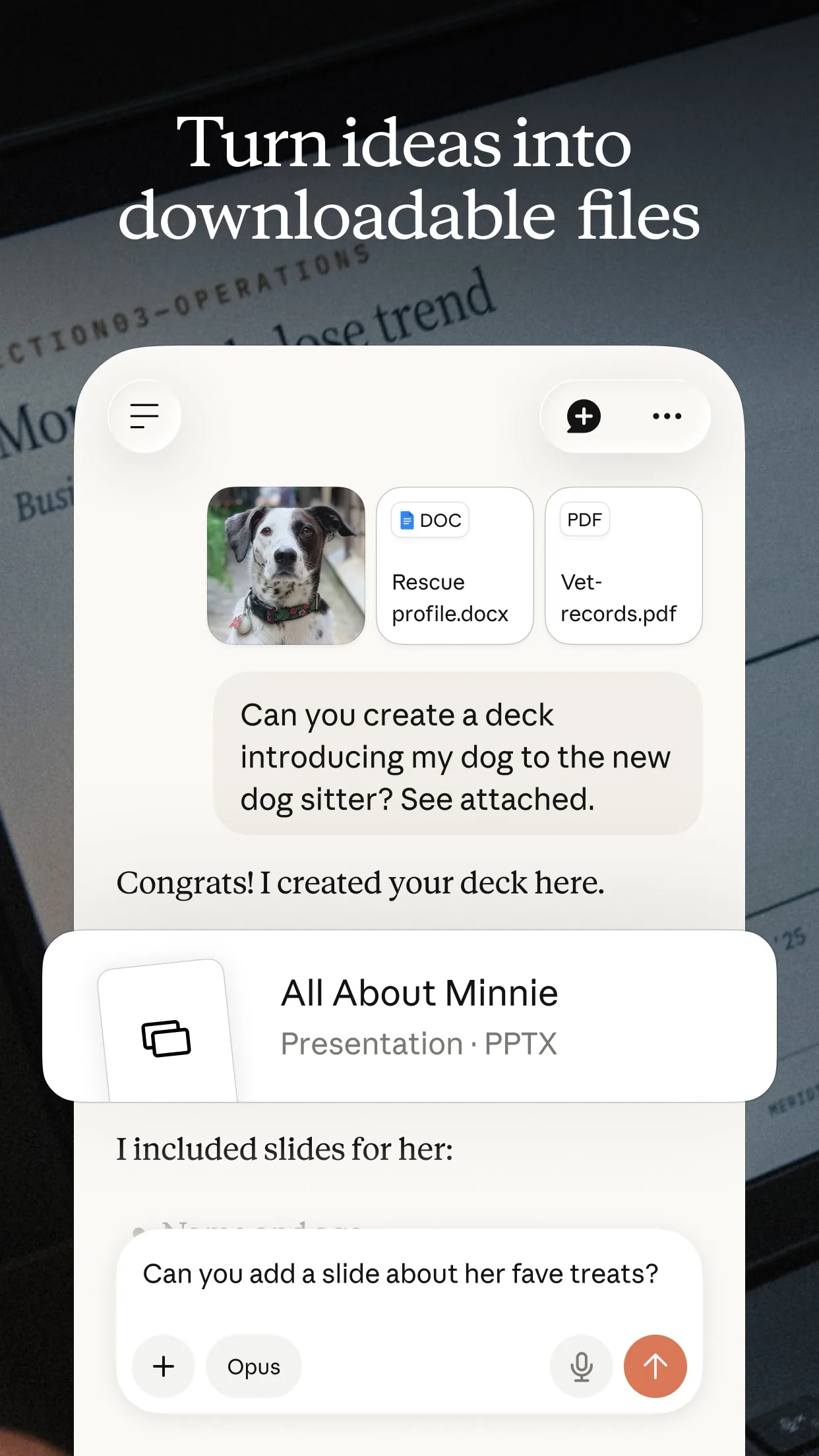 Claude app on a phone showing a chat with a photo and two files attached