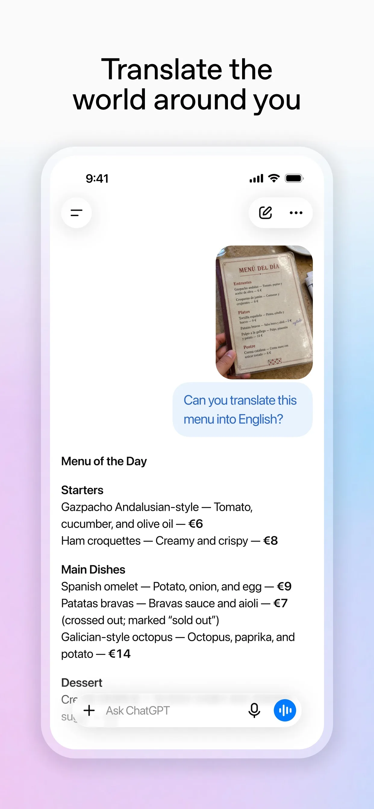 ChatGPT app on a phone showing a photo of a menu added to a chat, with the plus button next to the Ask ChatGPT box
