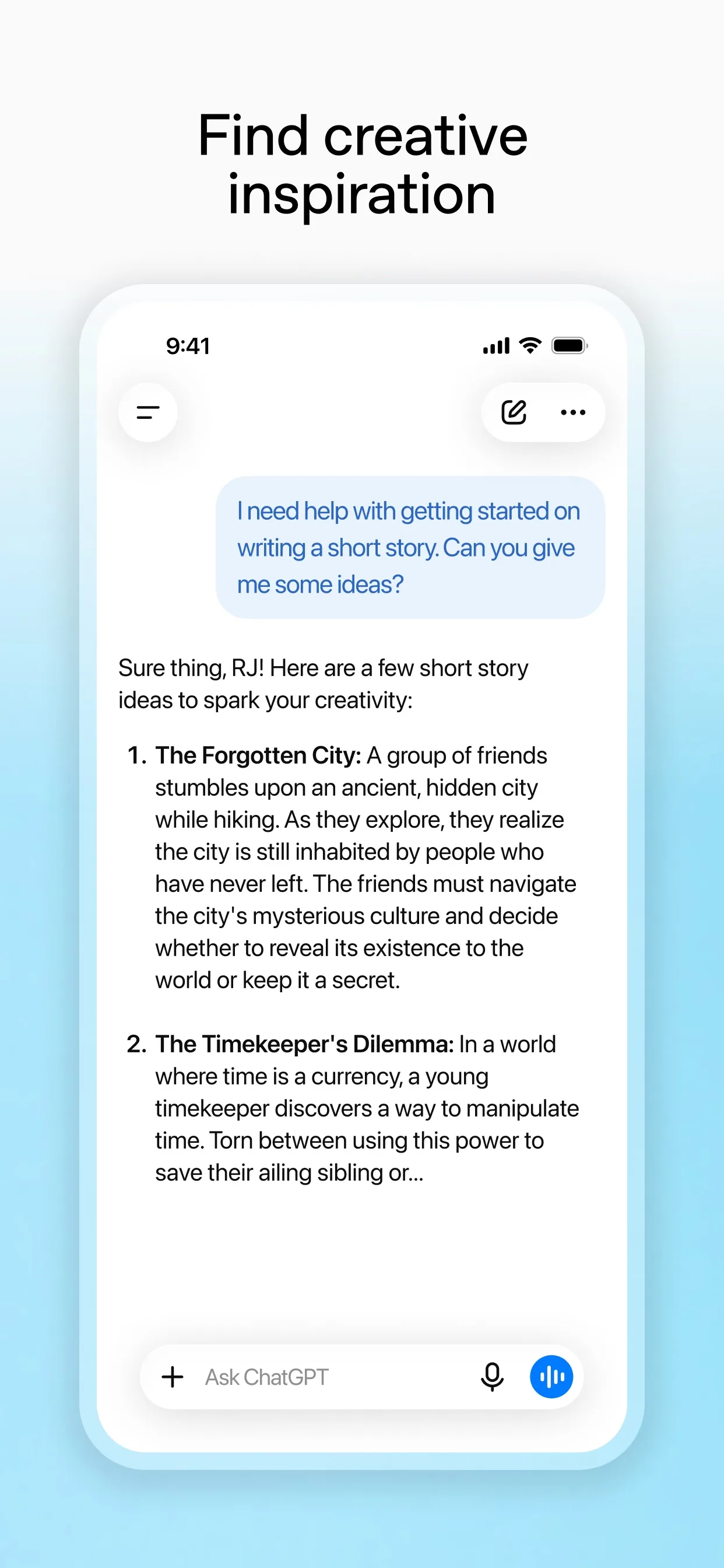 ChatGPT app on a phone with the heading Find creative inspiration, showing a request for ideas and a list of answers