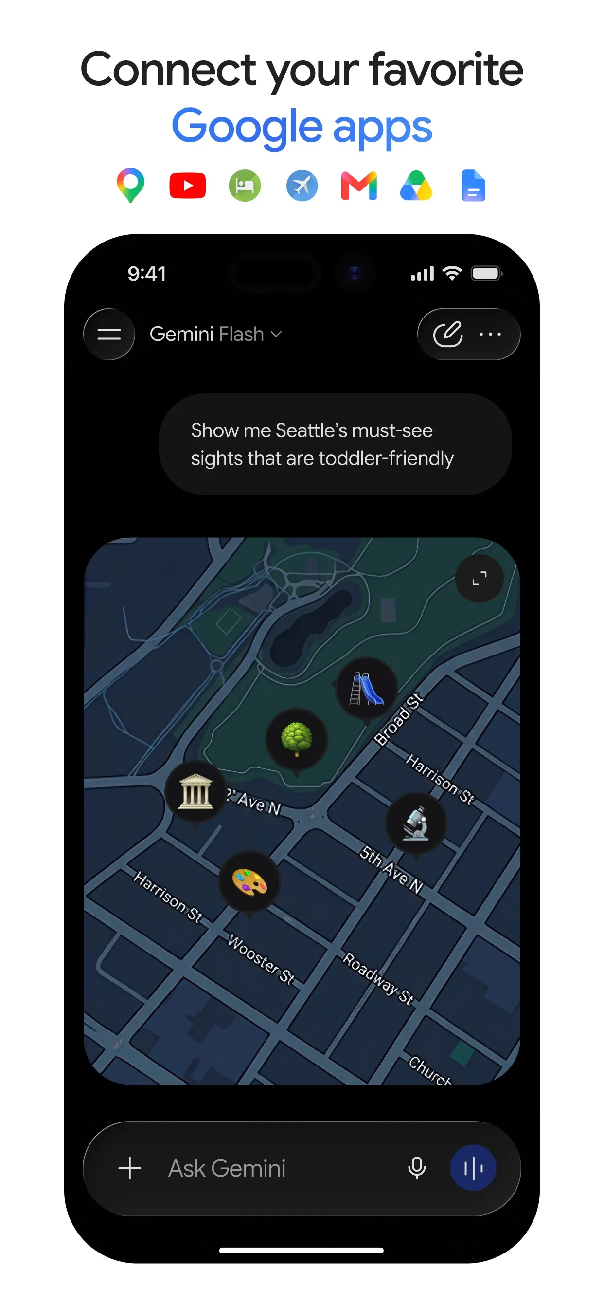 Gemini app on a phone, answering a question about a city's must-see sights with a map