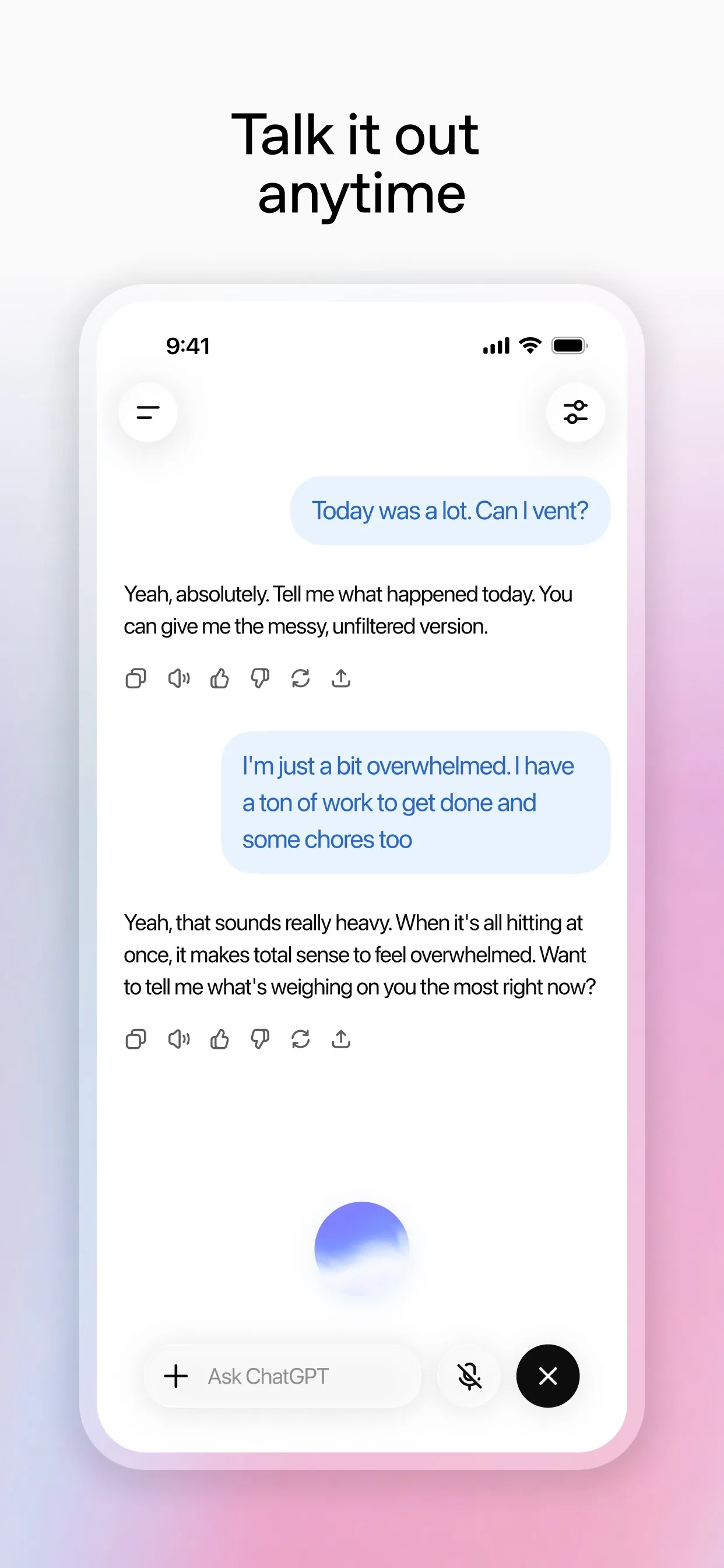 ChatGPT app on a phone in a voice conversation with a spoken exchange on screen