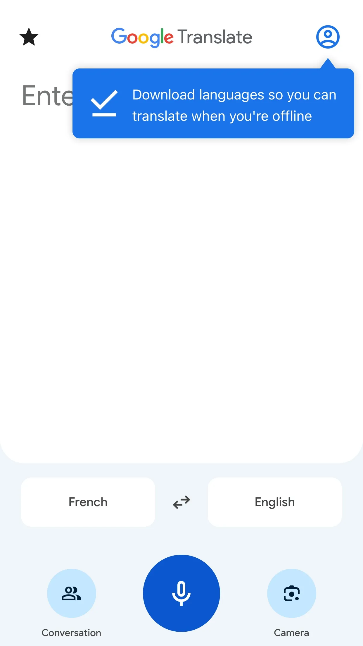 Google Translate app with the Camera button at the bottom right