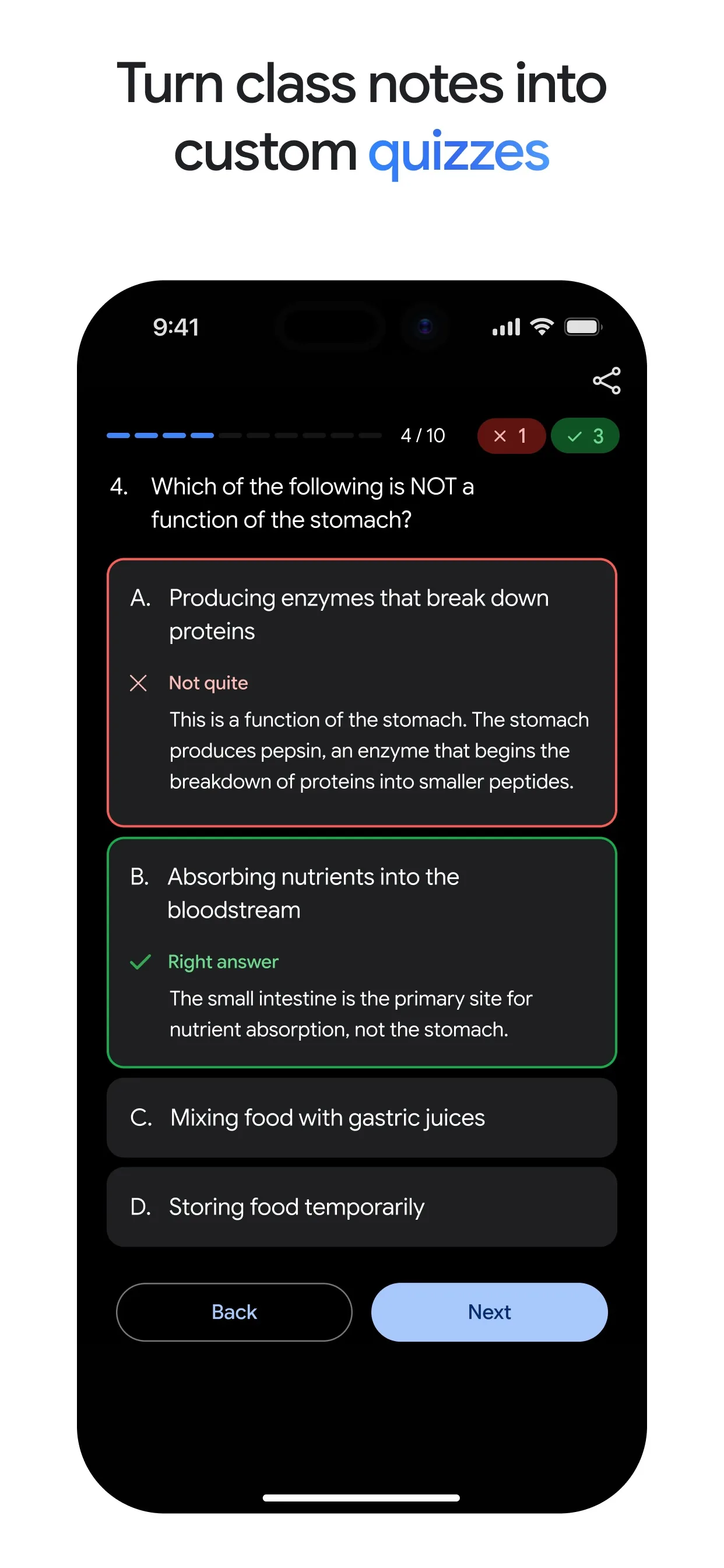 Gemini app on a phone showing a multiple-choice quiz question with the right answer marked