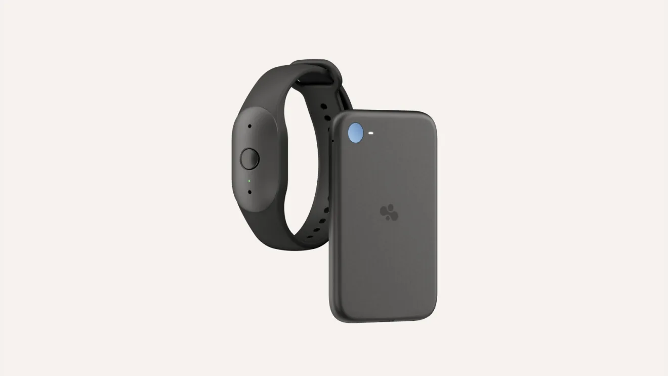 A Bee Frontier wristband next to a Bee Eclipse phone attachment