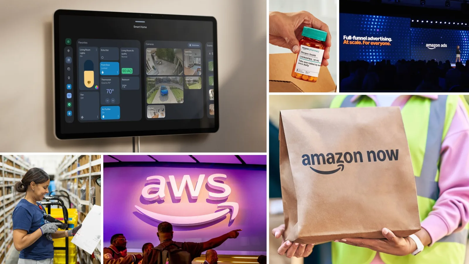 Collage of Amazon's AWS, pharmacy, ads and Amazon Now
