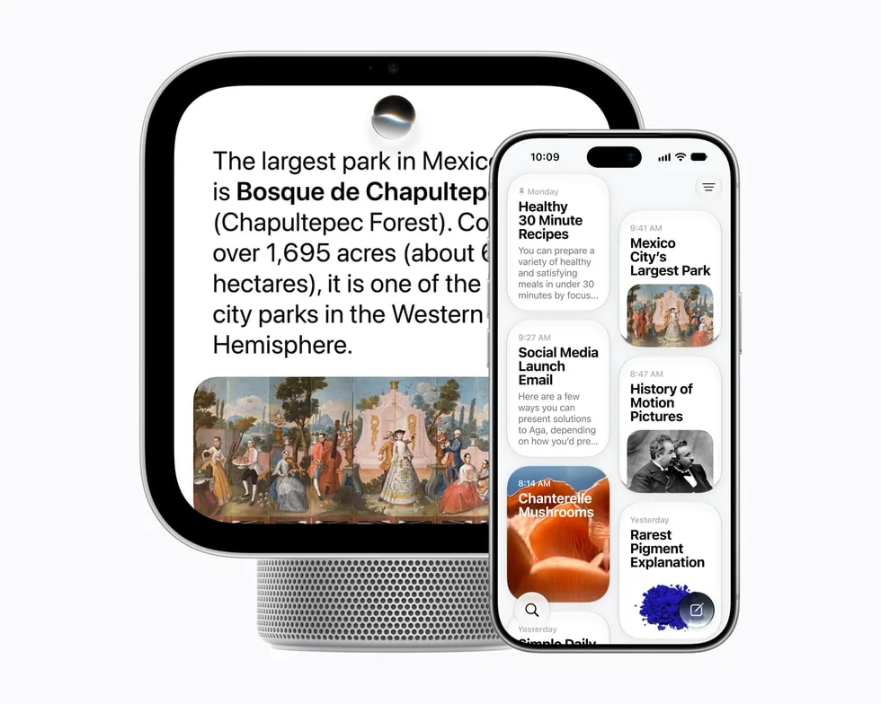 HomeView showing a Siri AI answer, next to an iPhone