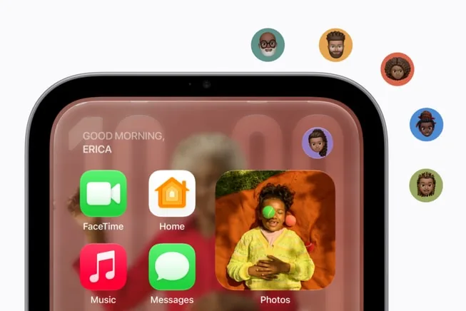 HomeView's home screen with up to six user faces floating above it