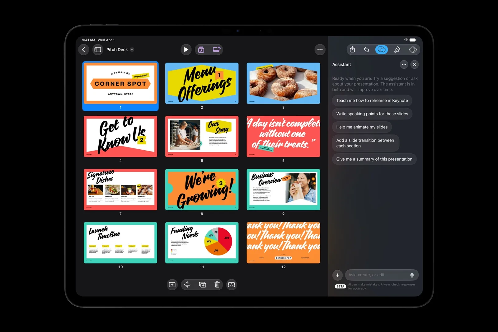 Keynote on an iPad Pro with an AI assistant panel beside a slide deck