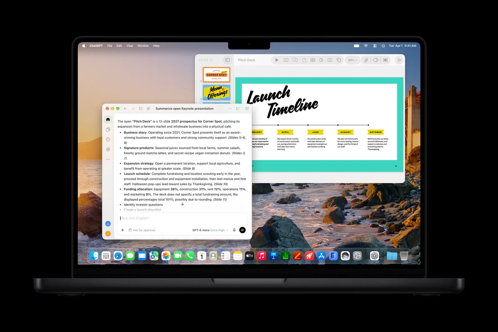 Keynote on a MacBook Pro with the AI assistant summarizing a presentation