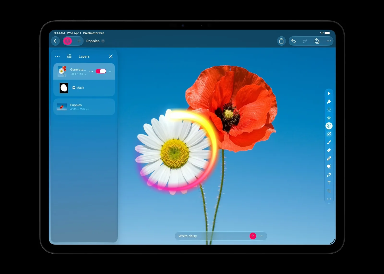 Pixelmator Pro on an iPad with the Generate Fill tool on a flower photo