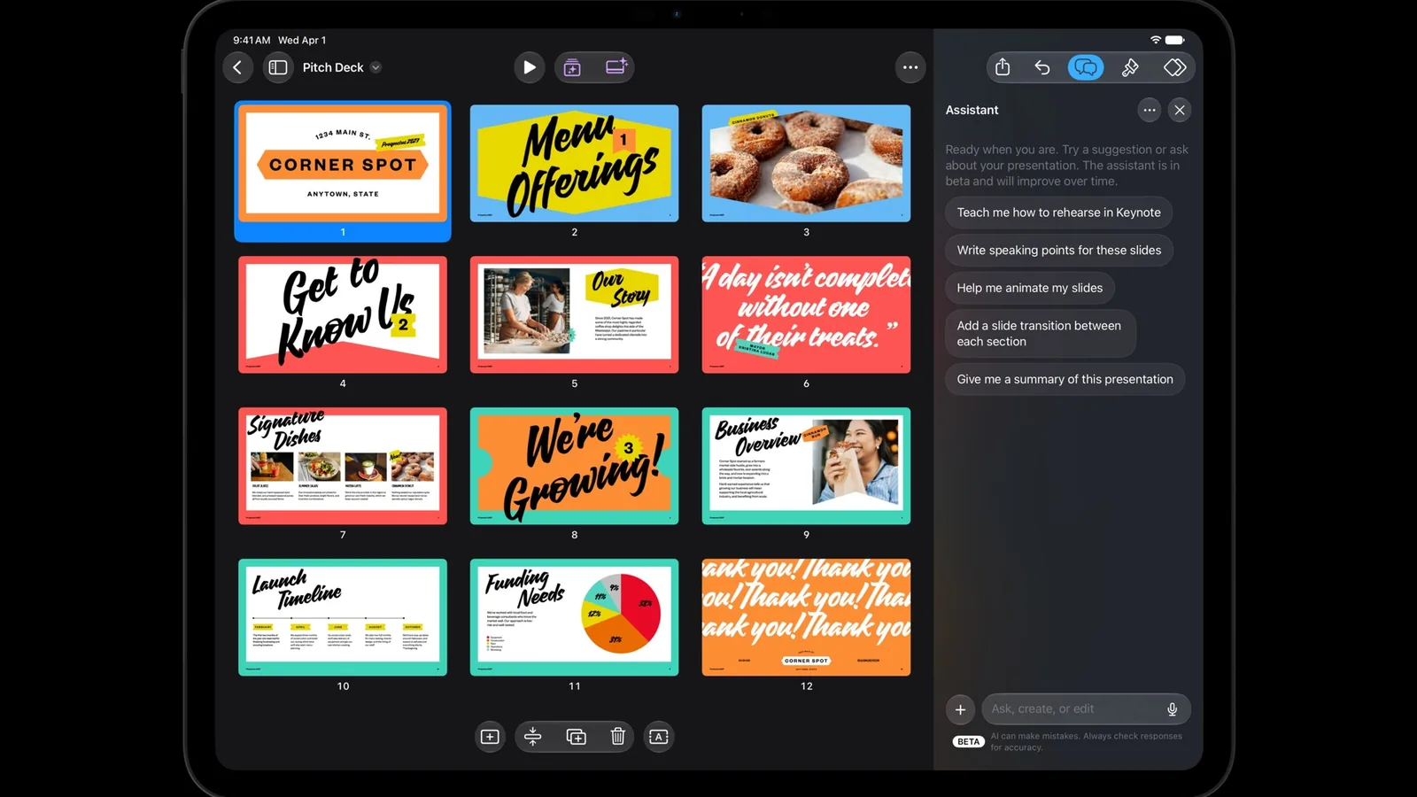 Keynote on an iPad Pro with an AI assistant panel beside a slide deck