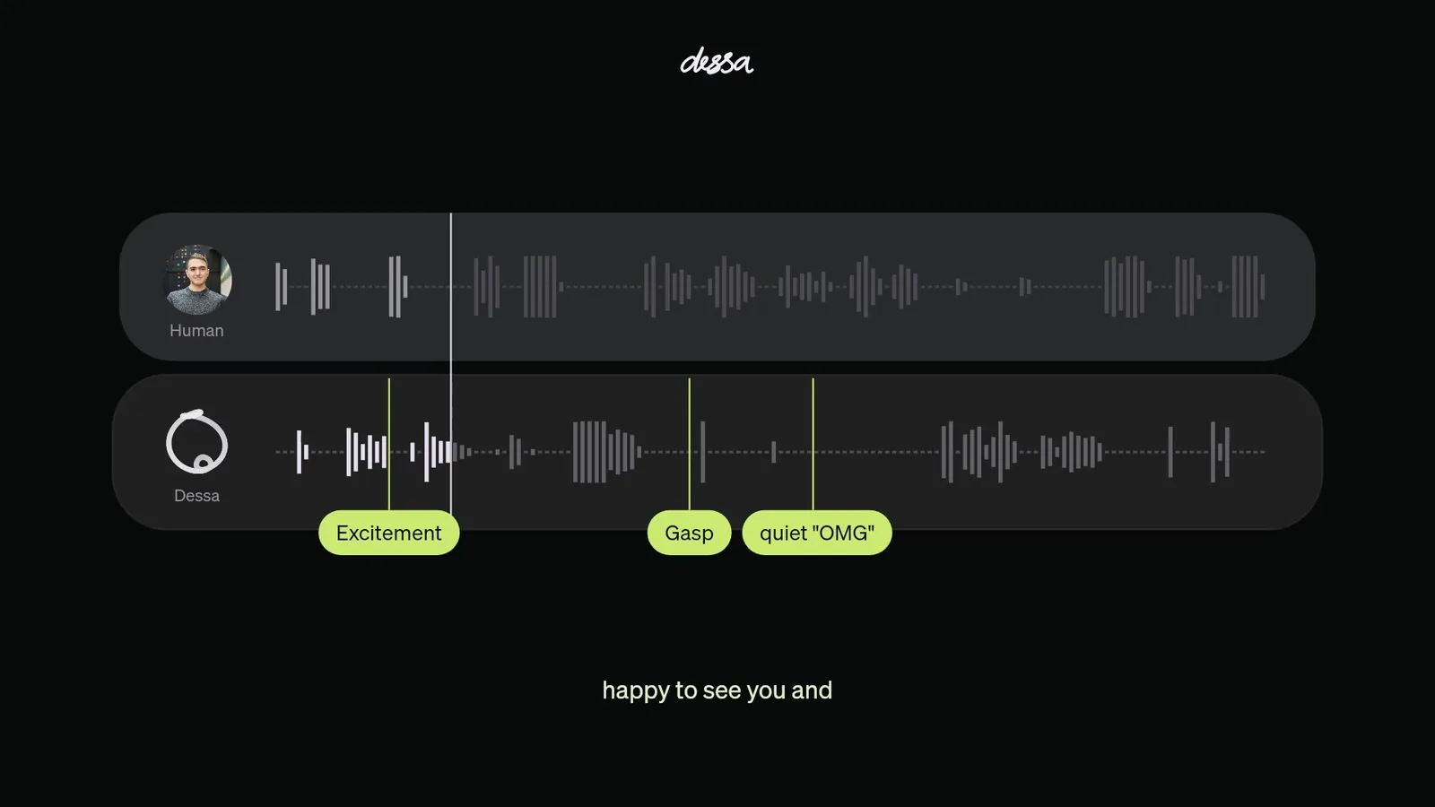Dessa's two-track waveform view of a conversation with a person