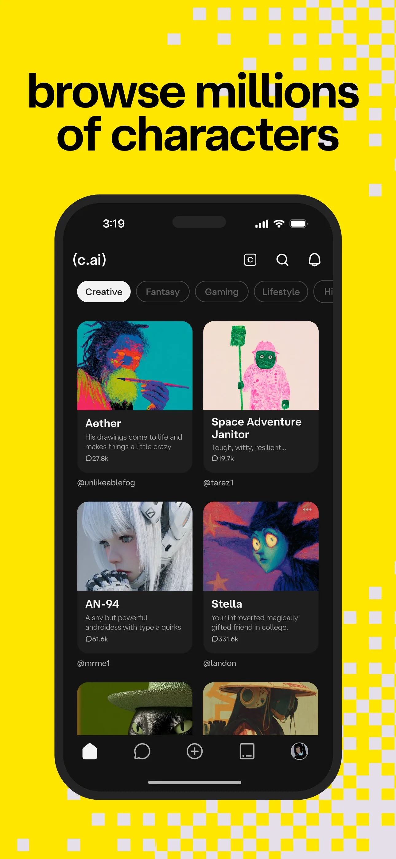 The Character.AI app showing a grid of AI characters to browse