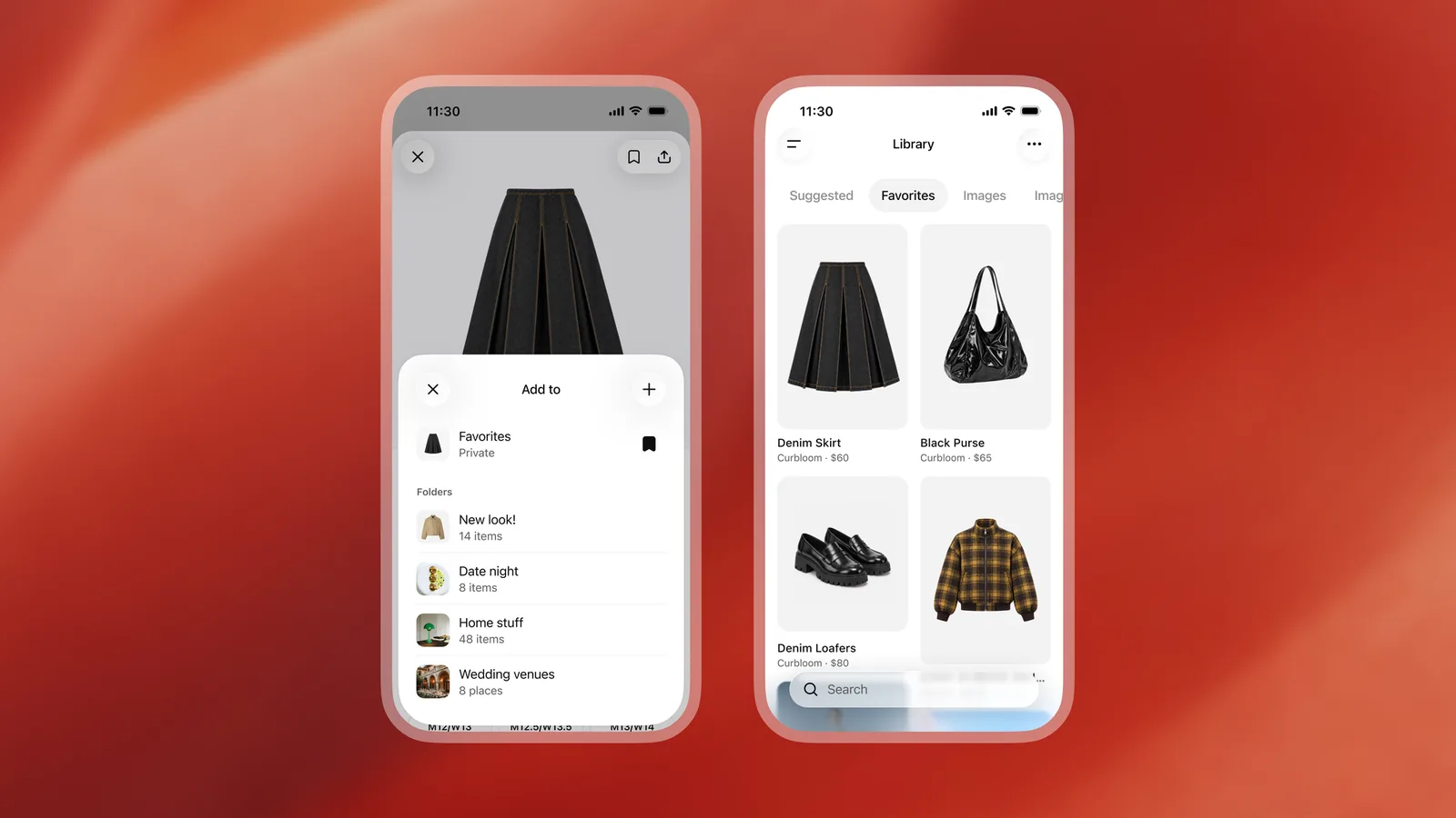 Two phone screens: saving a skirt to Favorites or a folder, and the ChatGPT Library Favorites tab with saved products