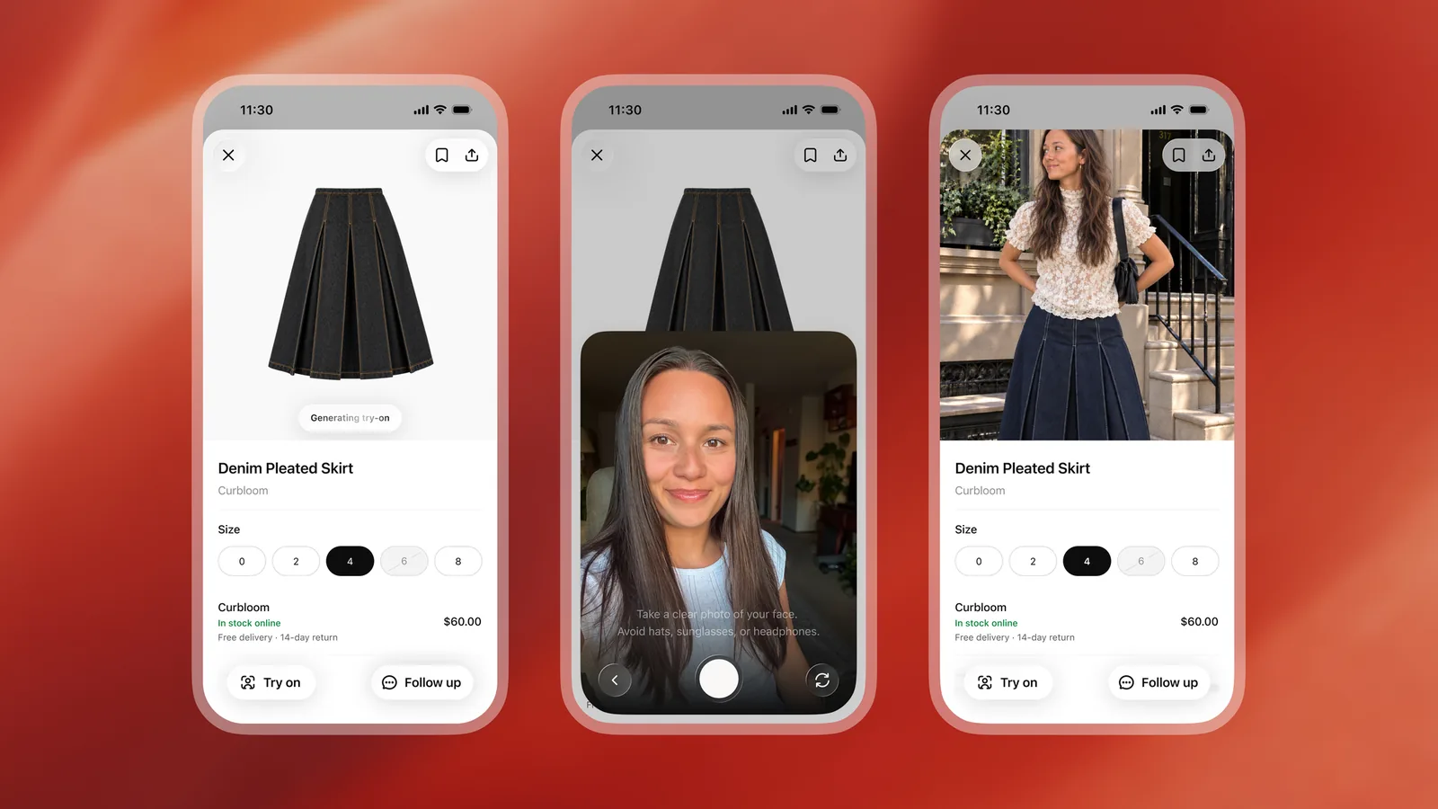 Three phone screens showing ChatGPT's virtual try-on for a denim skirt