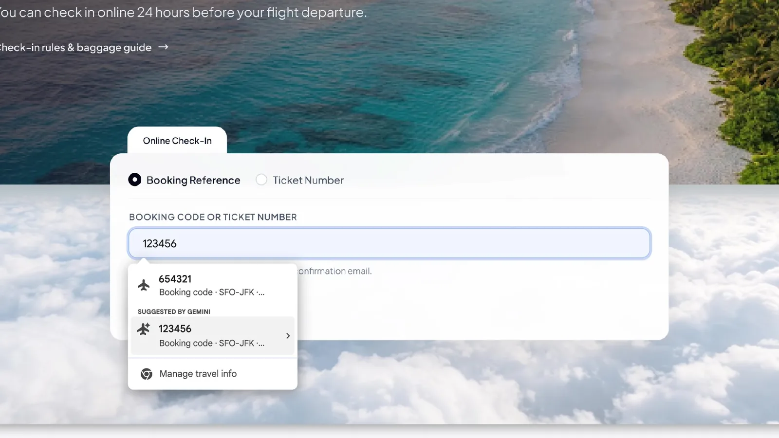 Chrome autofill menu with a booking code marked Suggested by Gemini