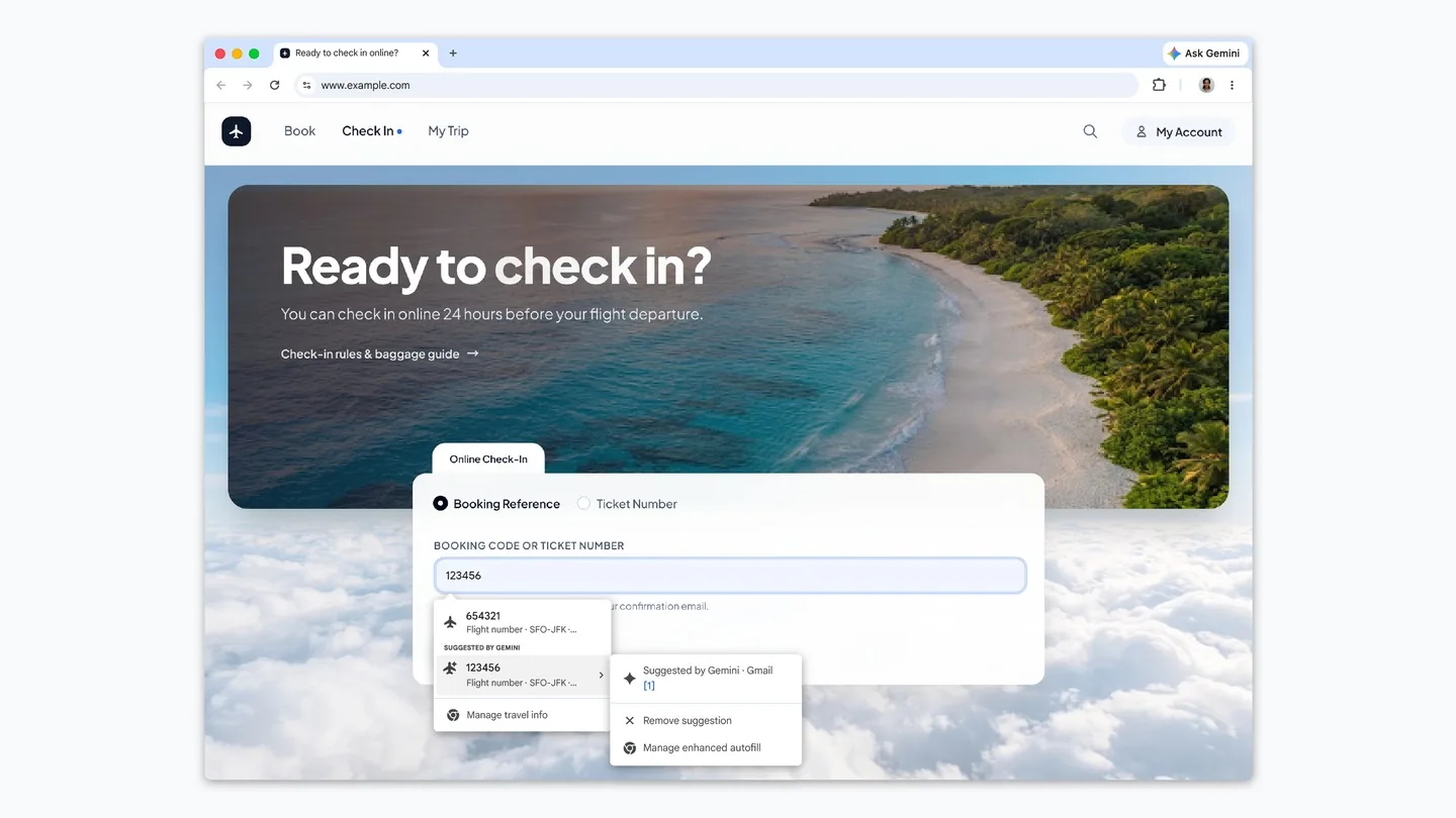 A flight check-in form in Chrome with an autofill menu of suggestions