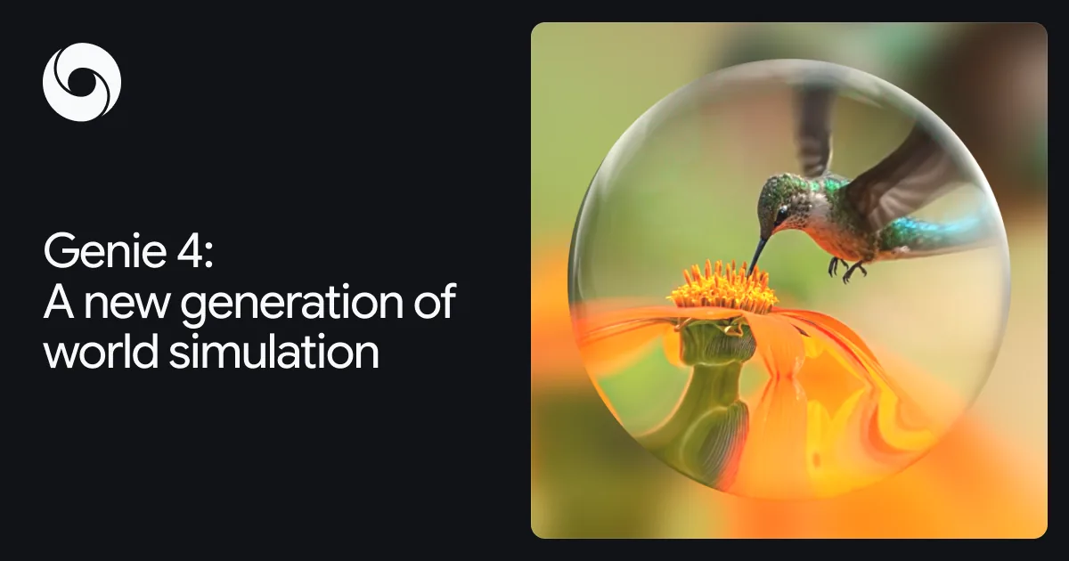 A hummingbird feeding at an orange flower inside a glass bubble, next to the title Genie 4