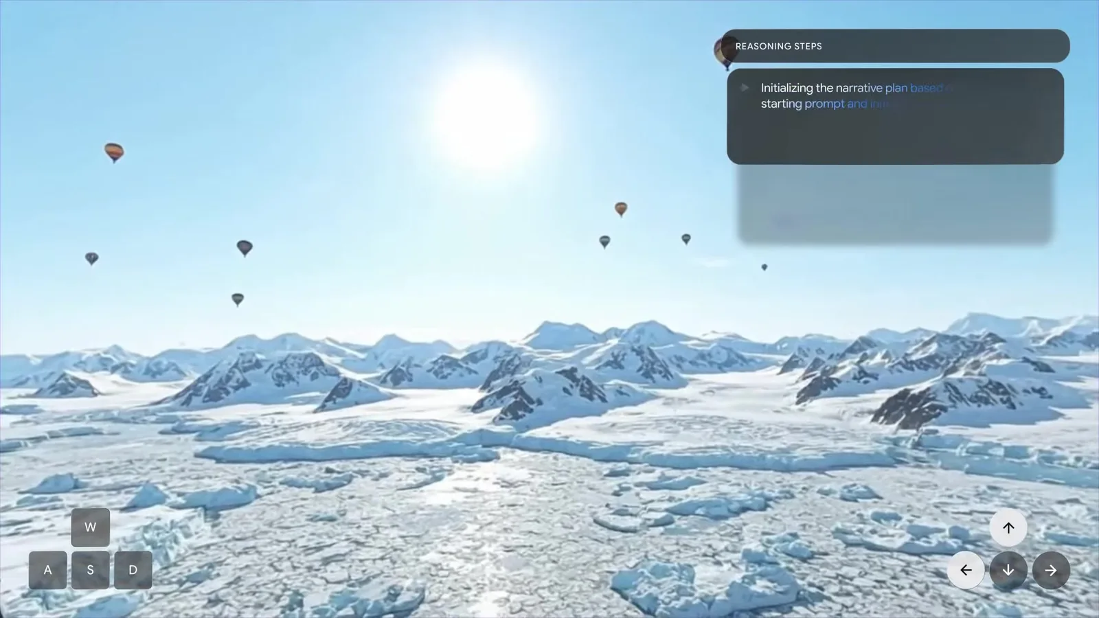 A hot air balloon flight over Antarctica in a Genie 4 simulation