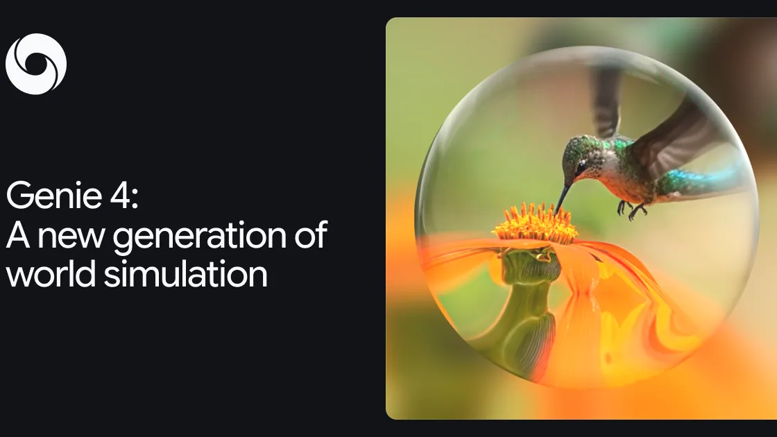 A hummingbird feeding at an orange flower inside a glass bubble, next to the title Genie 4