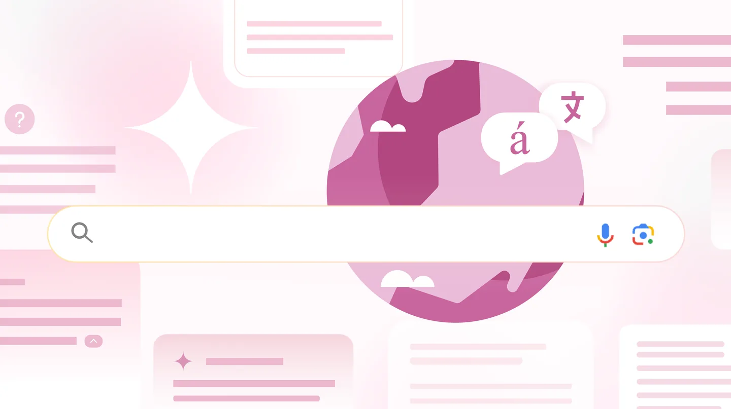 Google illustration of AI Overviews: a search bar in front of a globe and translation bubbles
