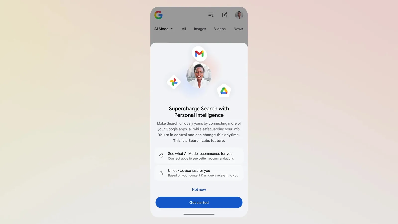 Google's Personal Intelligence sign-up screen with a Get started button