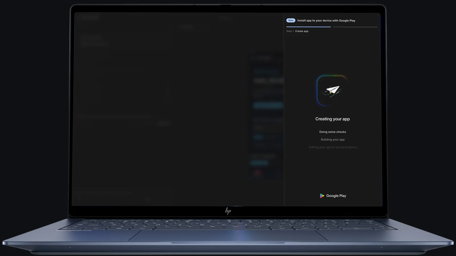 A laptop showing Google AI Studio creating an app that installs through Google Play
