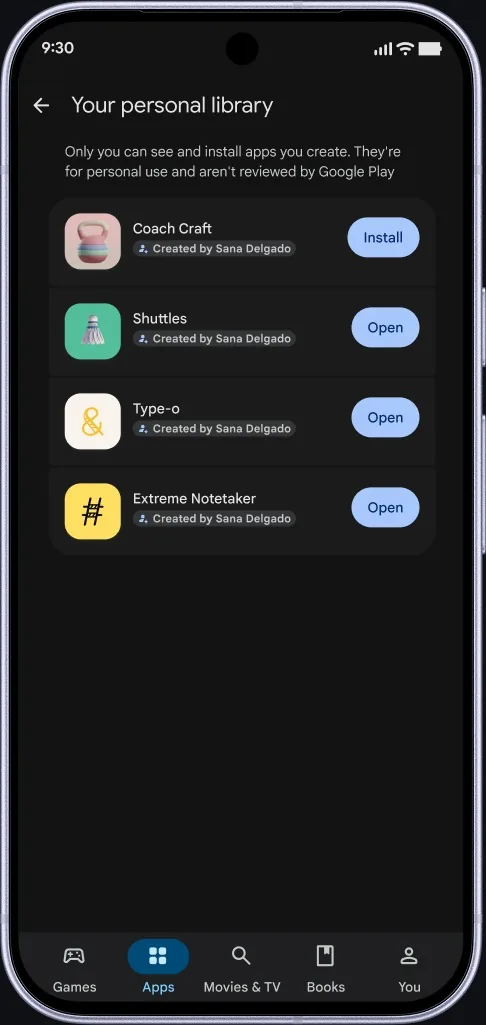 Google Play's Your personal library screen listing four apps made by the user