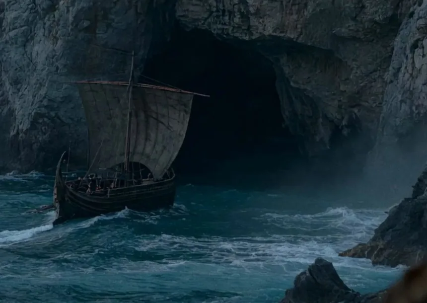 A sailing ship near a sea cave, from the AI-made episode