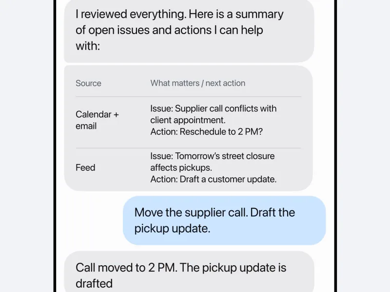 Muse chat: it lists a supplier call clash and a street closure, then confirms the call moved to 2 PM and a pickup update drafted