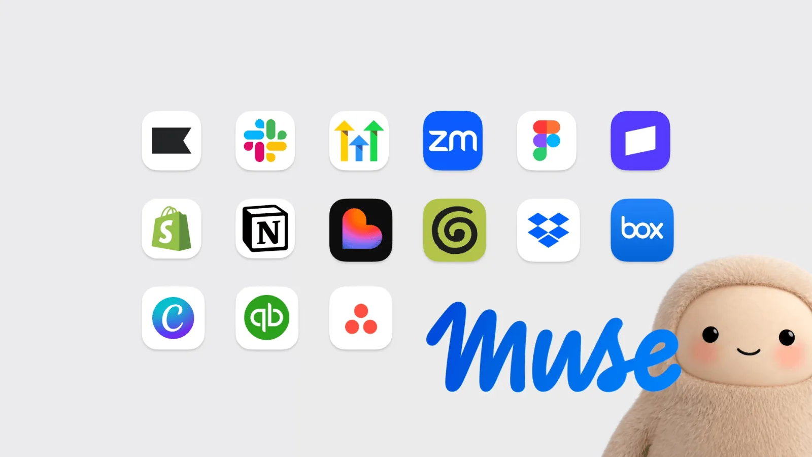 Muse for Small Business artwork: app icons including Shopify, Slack and Canva beside the Muse character