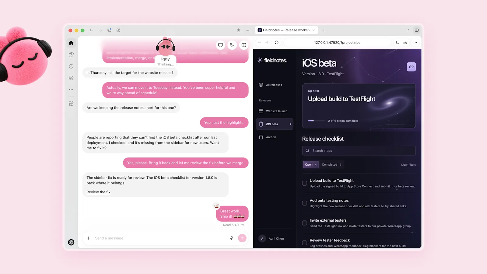 Pink dot Iggy prepares an iOS beta checklist fix beside a release workspace