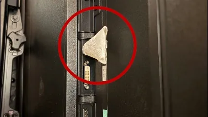A small device wrapped in tissue, circled in red, plugged into the back of a television