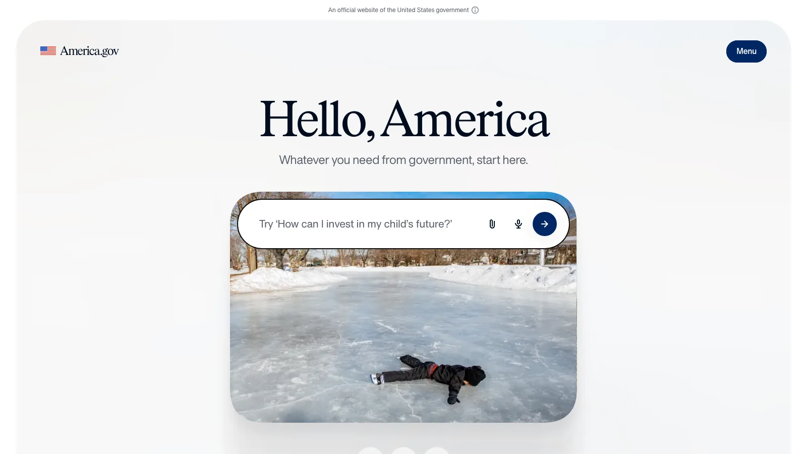 America.gov home page reading Hello, America. Whatever you need from government, start here.