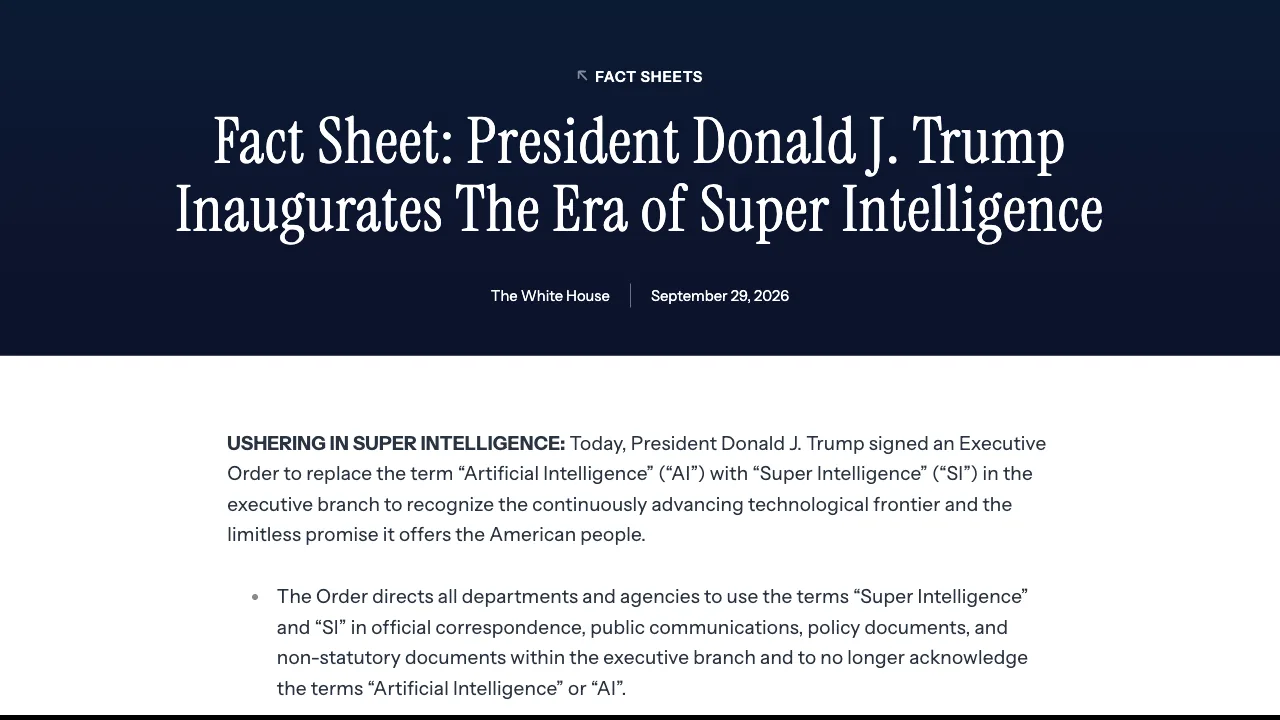White House fact sheet titled President Donald J. Trump Inaugurates The Era of Super Intelligence, dated September 29, 2026